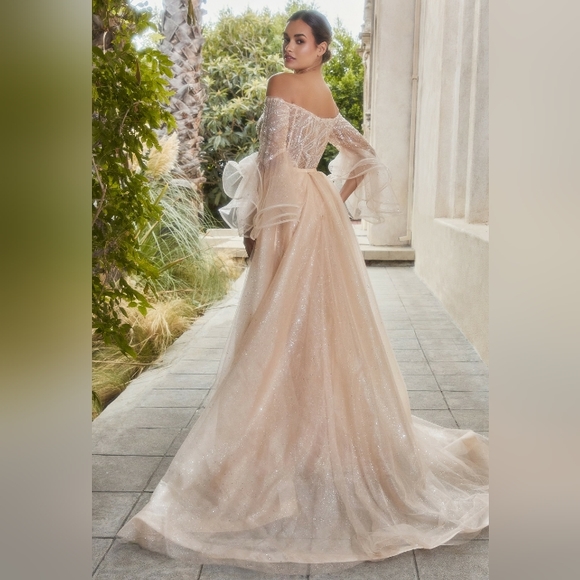 Champagne gold off the shoulder long sleeve floor length gown - Picture 8 of 15